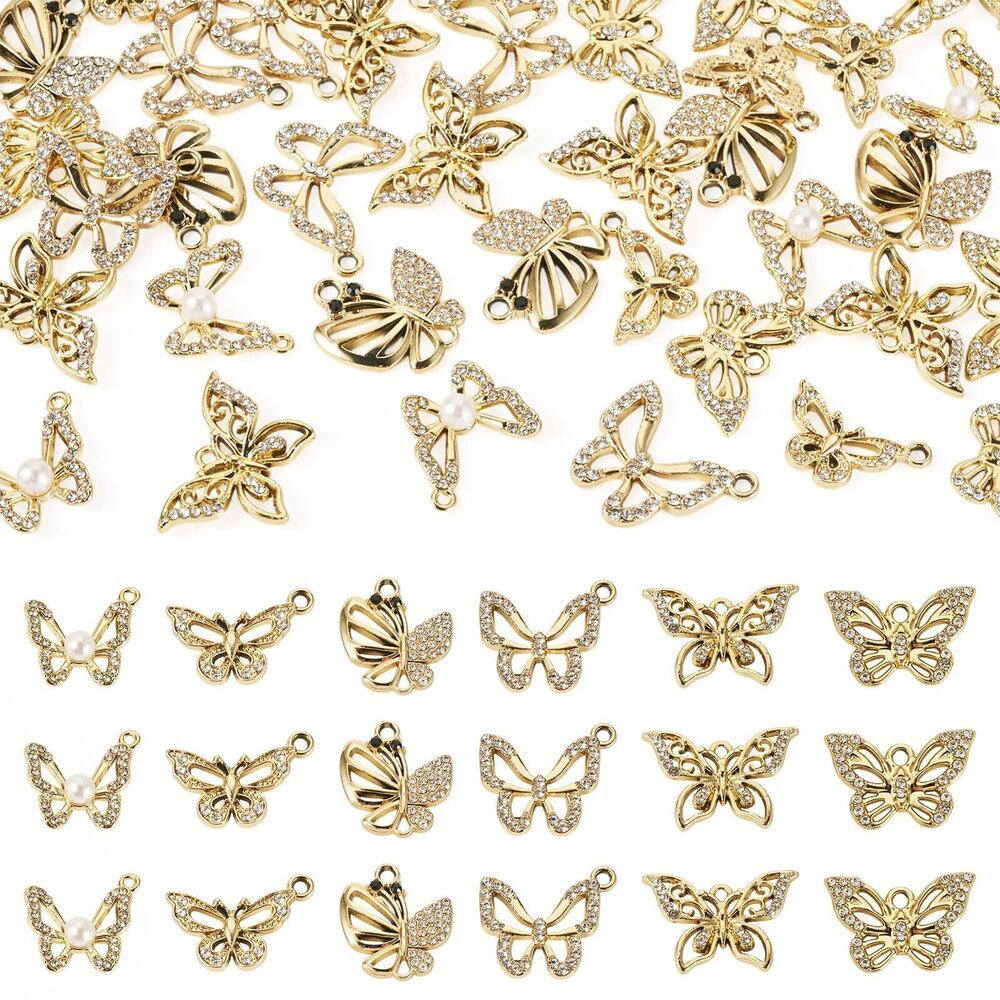 6675 36 Pcs Rhinestone Butterfly Alloy Pendants Metal Flying Insect Charms